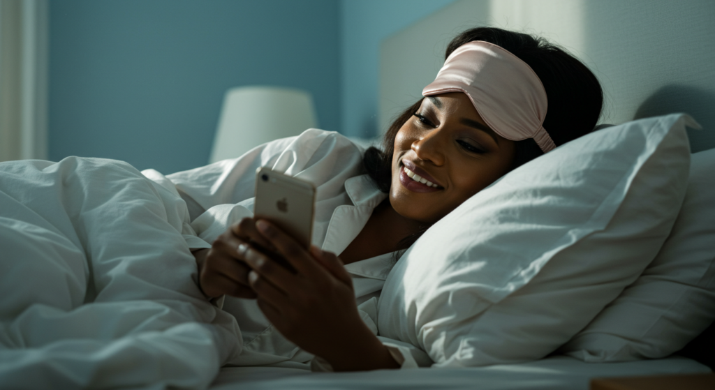 A Nigerian lady smiling at her phone in bed as she reads a romantic good morning message