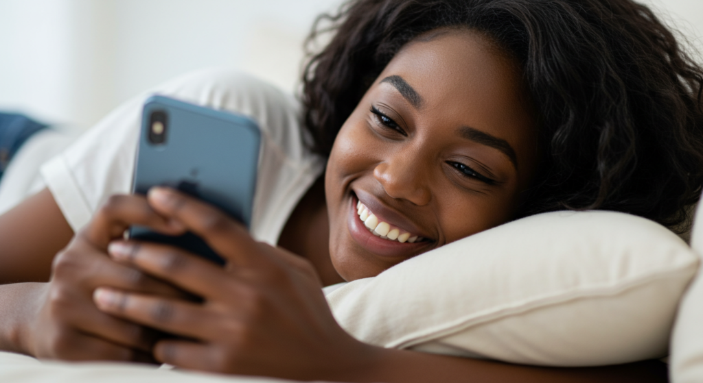 Woman reading an “I miss you” Message for her