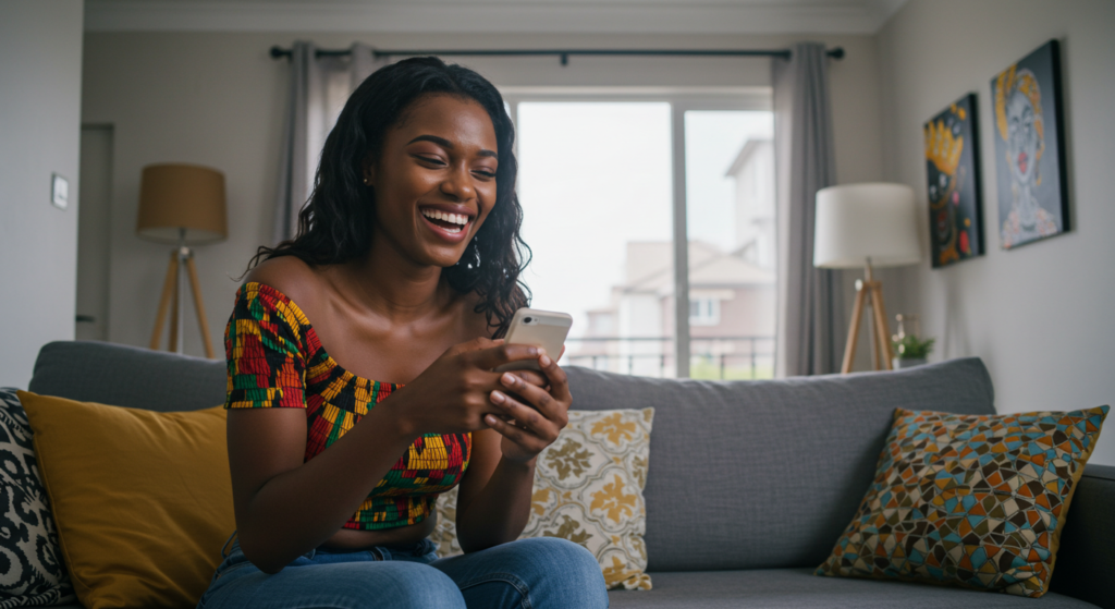 Lady smiling at “I Miss You” message for her