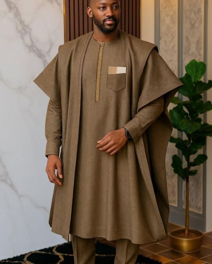 Man wearing Oat Brown Minimalist Agbada style for men