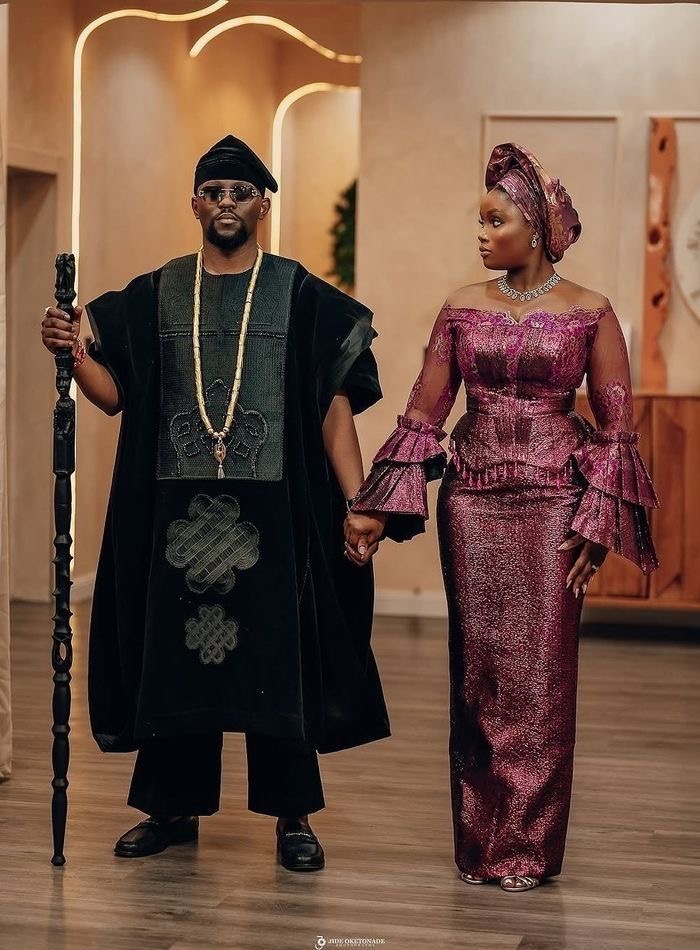 Groom wearing Deep Green Velvet Agbada style for men