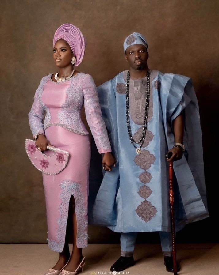 Groom wearing Sky & Rose Harmony Agbada style for men