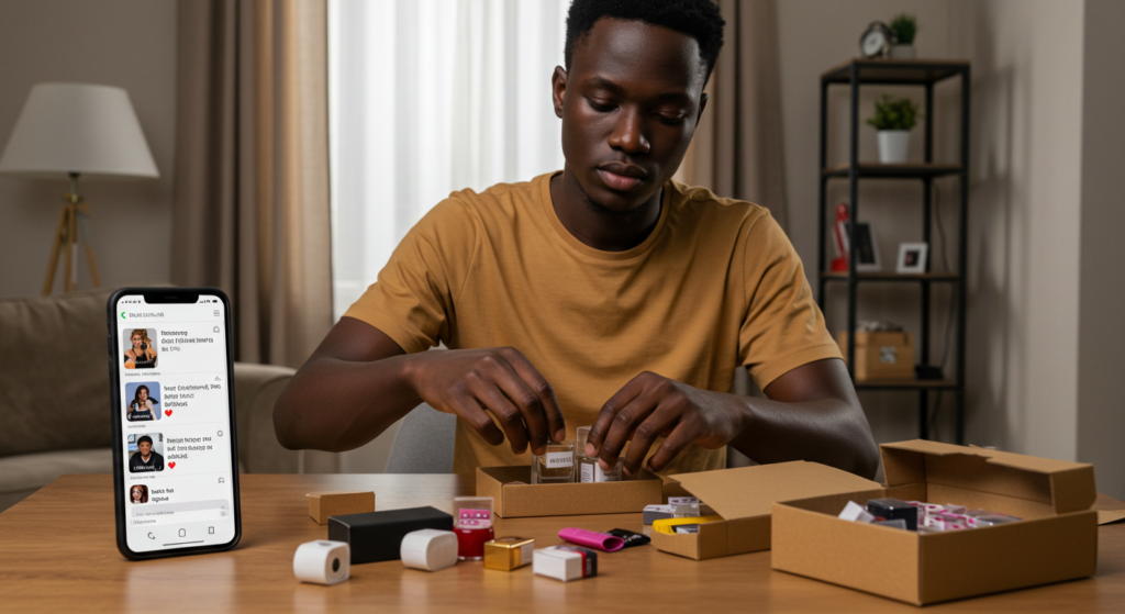 Nigerian man in his bedroom packaging perfumes and beauty items in a box as a way to make money from home