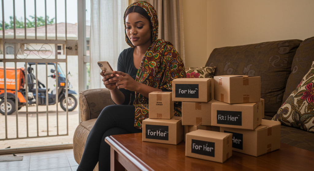 Nigerian woman delivering female items as a way to make money as a female
