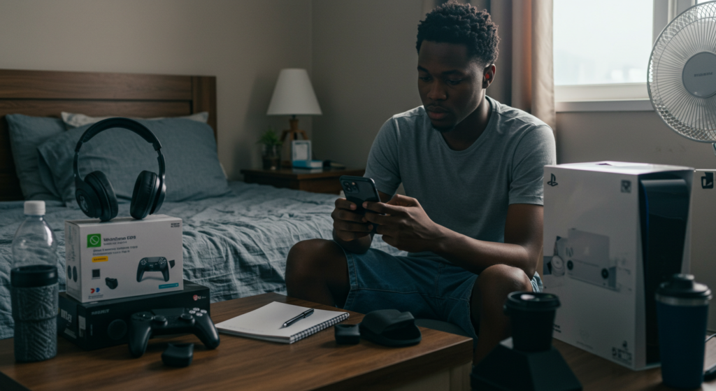 Nigerian man in his room selling gaming accessories as a way to make money as a male