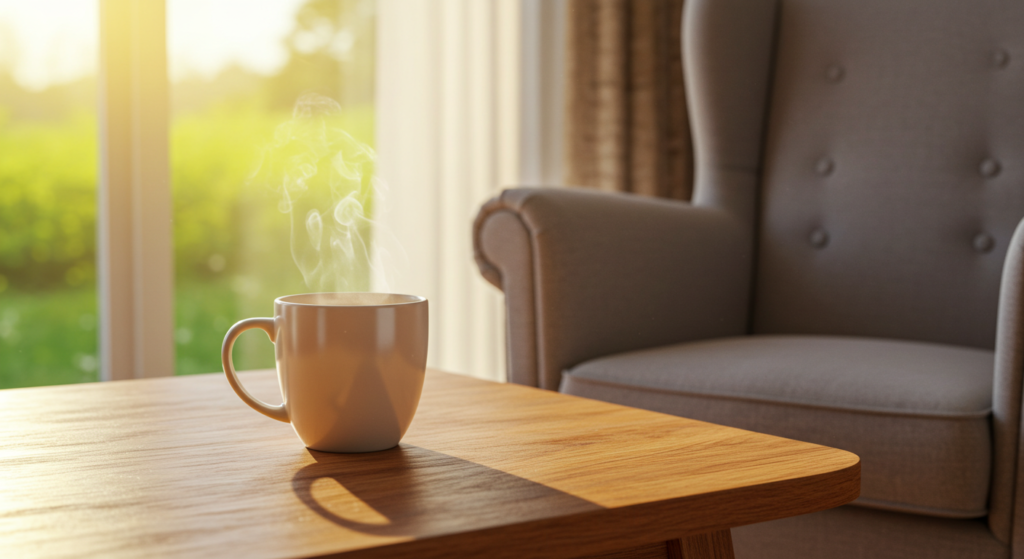 Warm tea on a Sunday morning in a serene living room.
