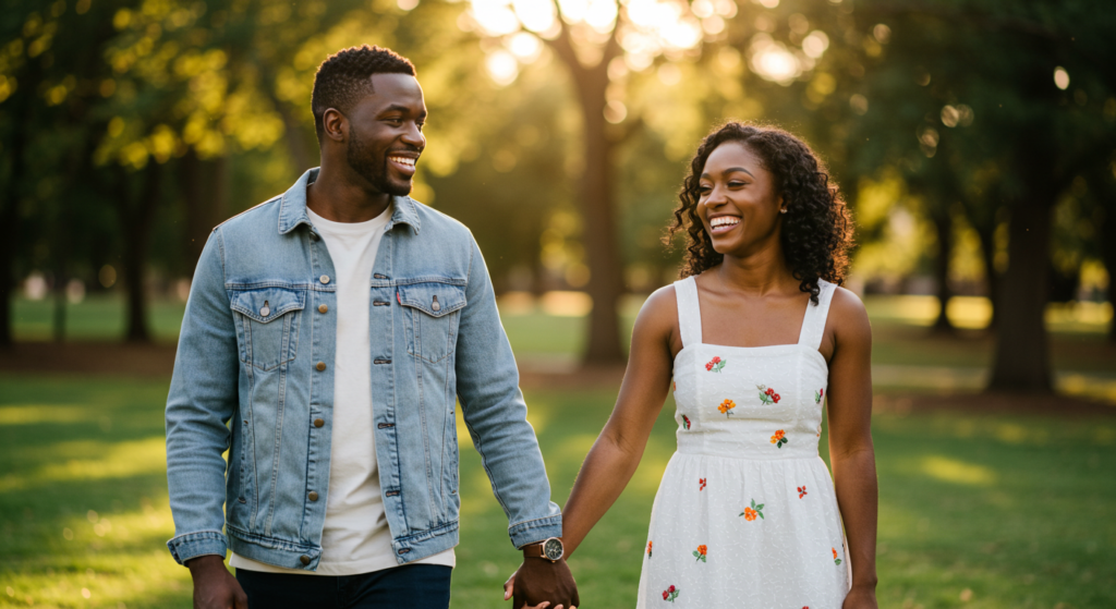 A couple holding hands in the park while enjoying Happy Sunday messages