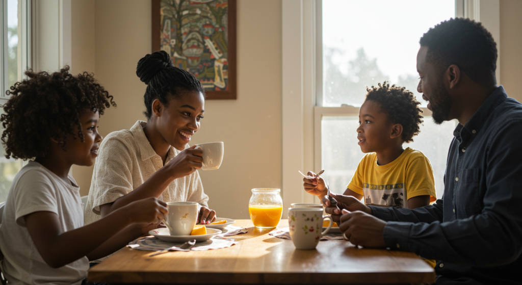 Family laughing together after receiving Happy Sunday Message