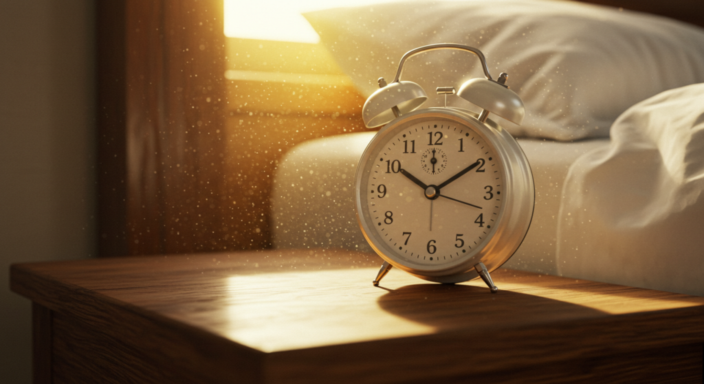 An alarm clock on a bedside table