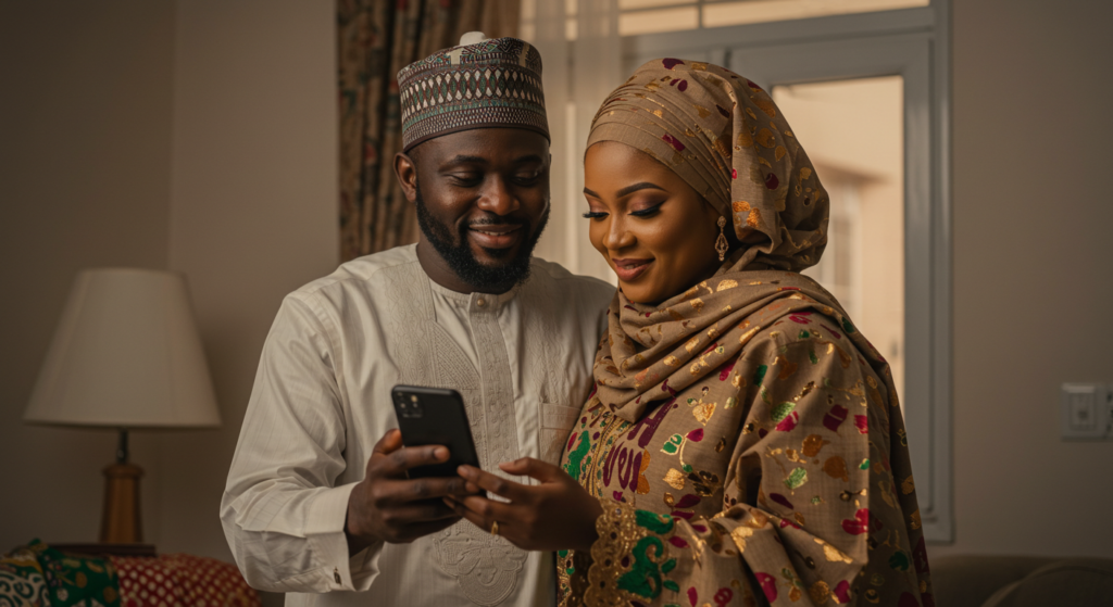 A Nigerian man and his wife reading sallah wishes on their phone.