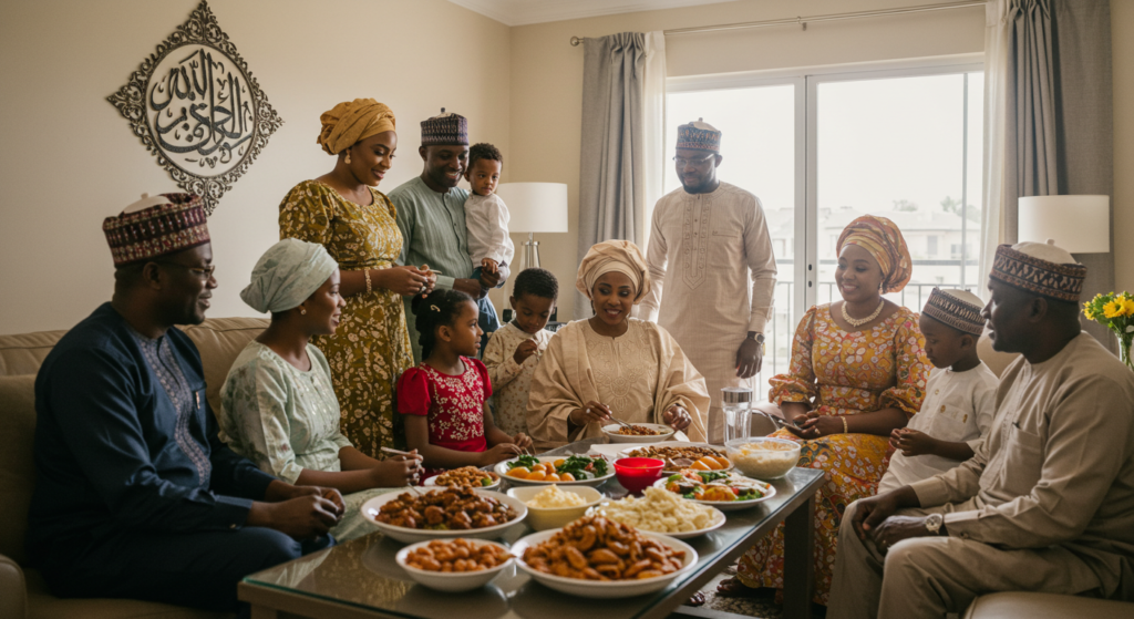 A Nigerian family celebrating during eid after getting sallah wishes for loved ones