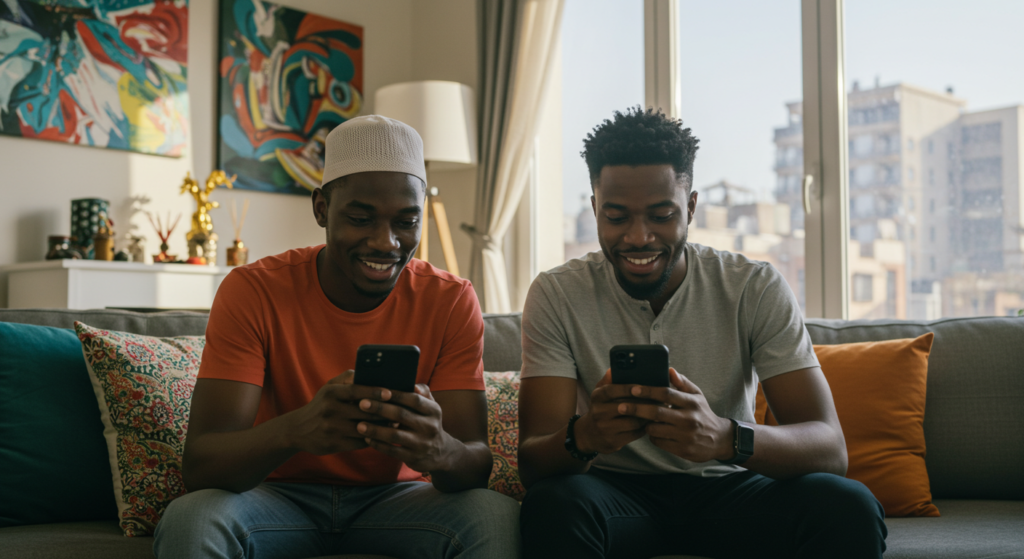 Two Nigerian muslim guys crafting sallah wishes on their mobile phones