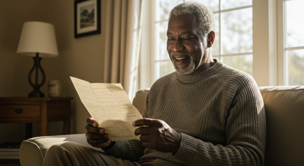 A father reading out a long Father's Day message