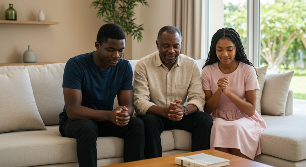 Family saying a prayer for their father.