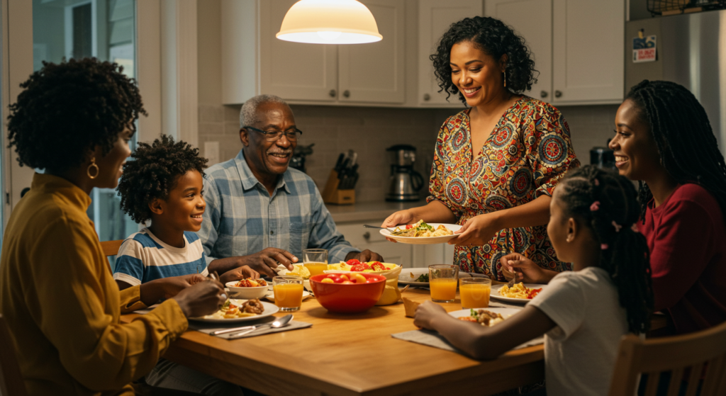 A cheerful family gathered around the dinner table, with the father-in-law smiling proudly.