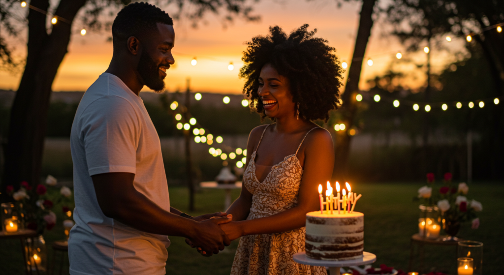 A couple holding hands during sunset, surrounded by fairy lights and rose petals with a birthday cake in the background.
