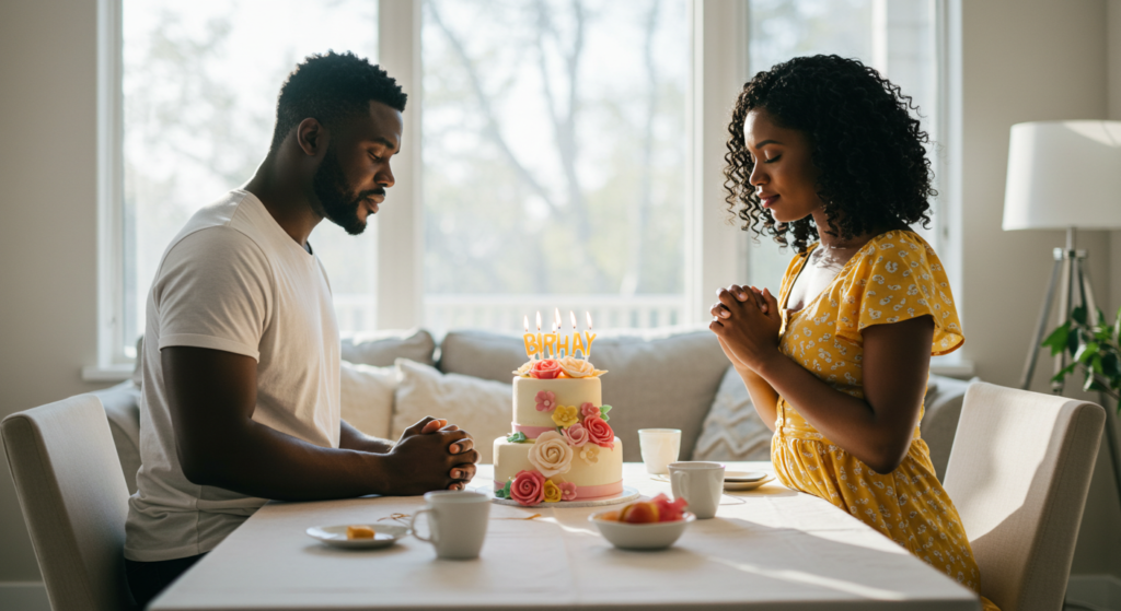 A couple saying birthday prayers at home 