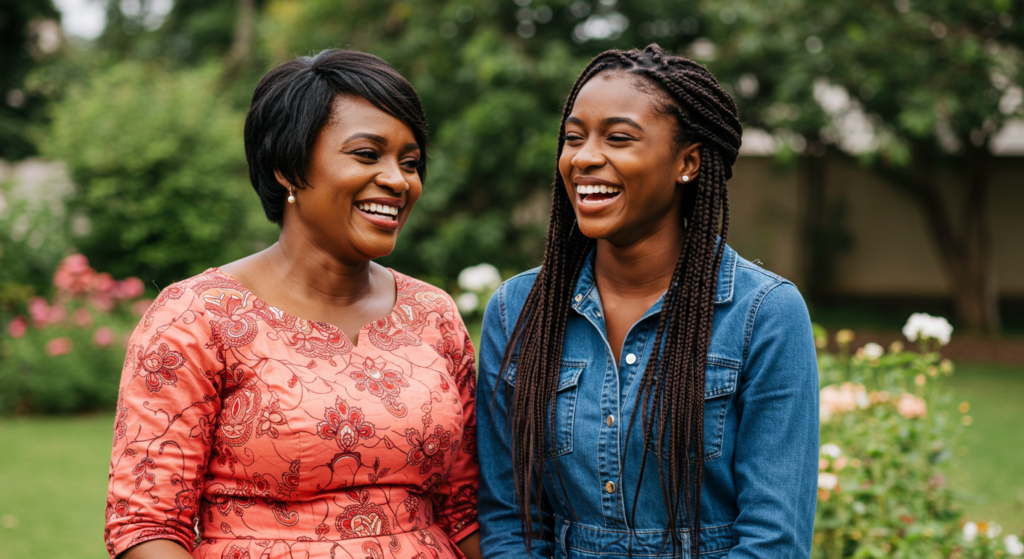 Mother laughing and saying birthday wishes for my daughter