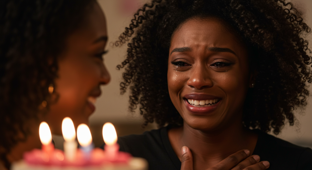 Close-up of a crying woman saying  “Thank you for the birthday wishes.”