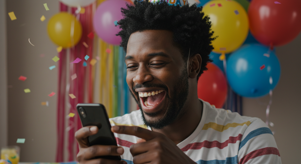 Laughing man posting “Thank you everyone for the wonderful birthday wishes.”