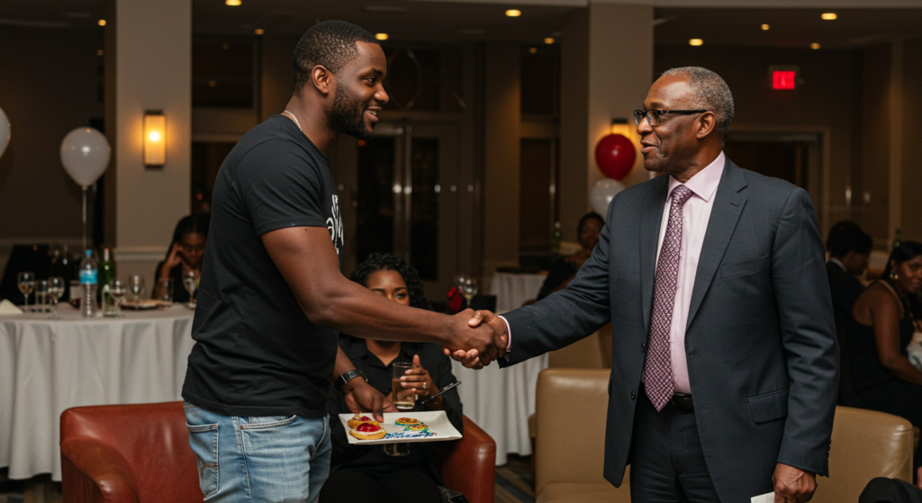 Birthday celebrant shaking the hand of his boss after receiving birthday wishes. 