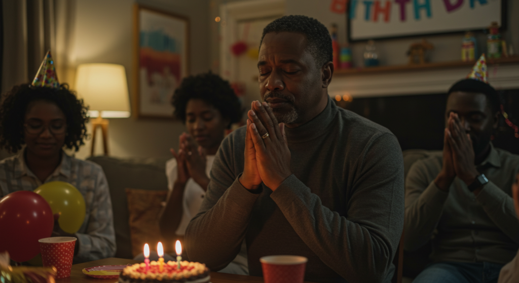 A man saying a prayer to thank birthday well wishers.