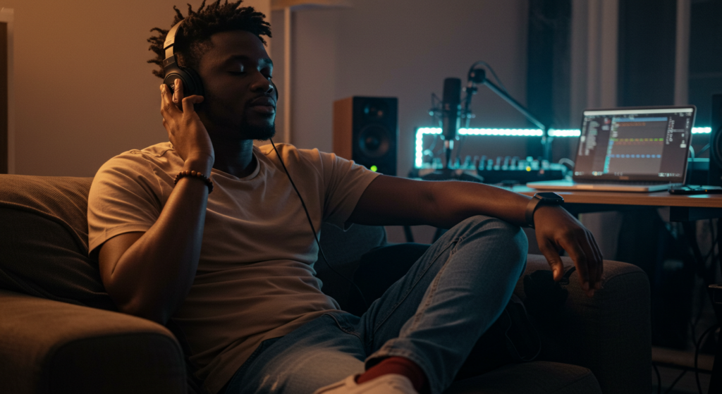 Man posing for picture on headphones, Instagram caption ideas 