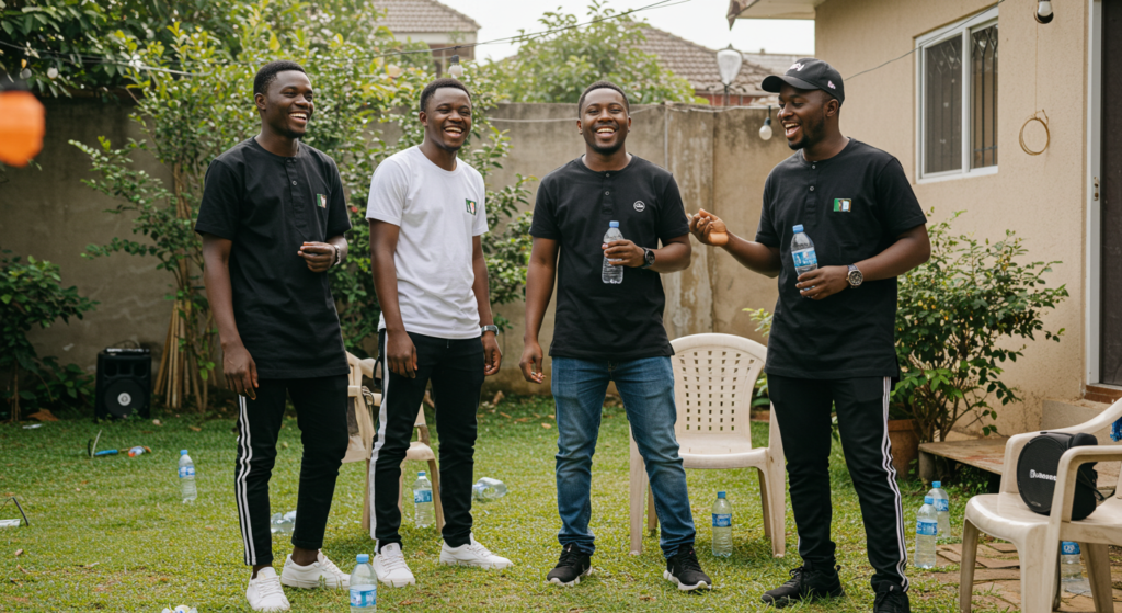 men hanging out together , funny Instagram captions for pictures