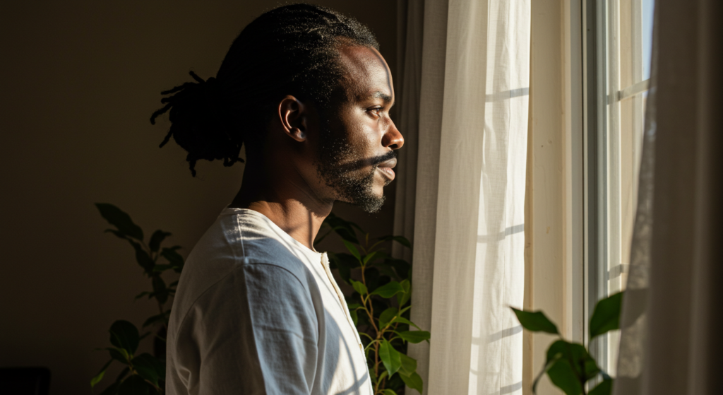 Man looking out the window, motivational Instagram captions