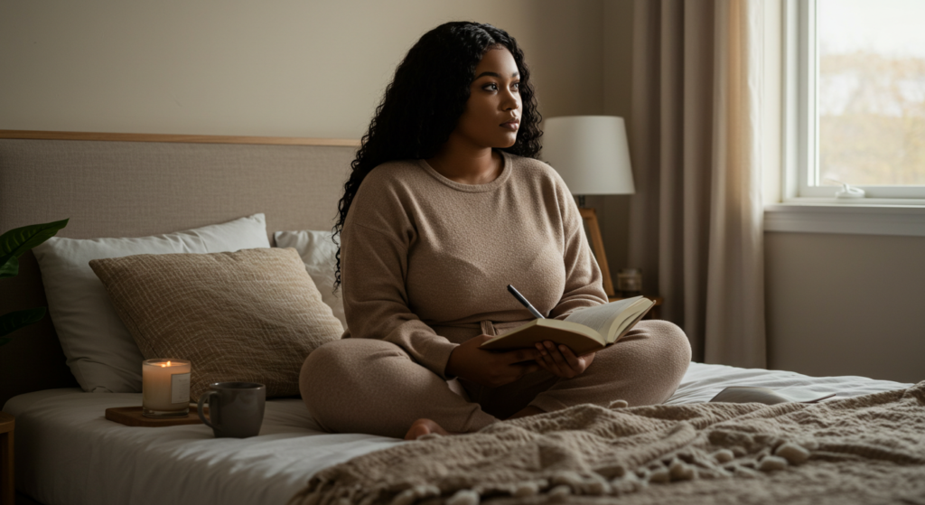 Woman sitting on her bed reflecting, long Instagram captions