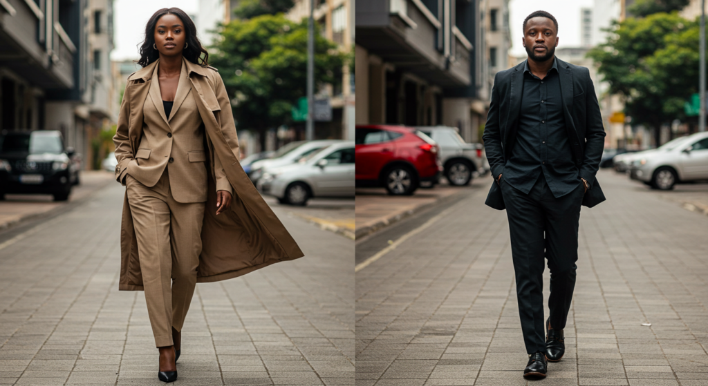 Woman and man side by side walking towards a camera 