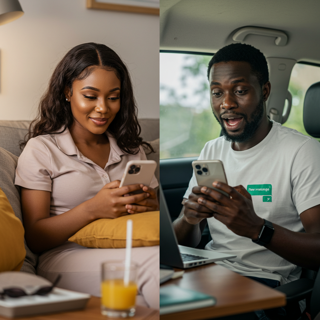 Two Nigerian adults side by side on their phones reading Instagram captions