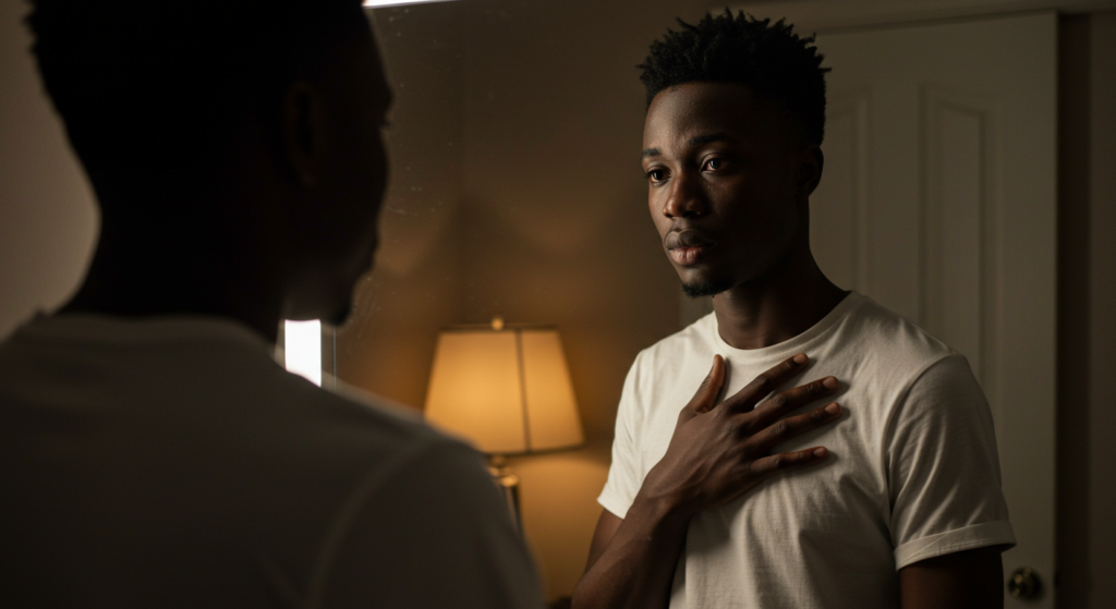 Young boy looking at himself in the mirror, inspirational quotes for self
