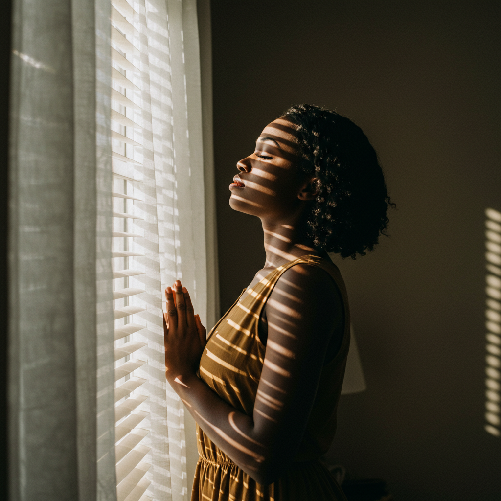 Woman standing quietly by a window in a softly lit room