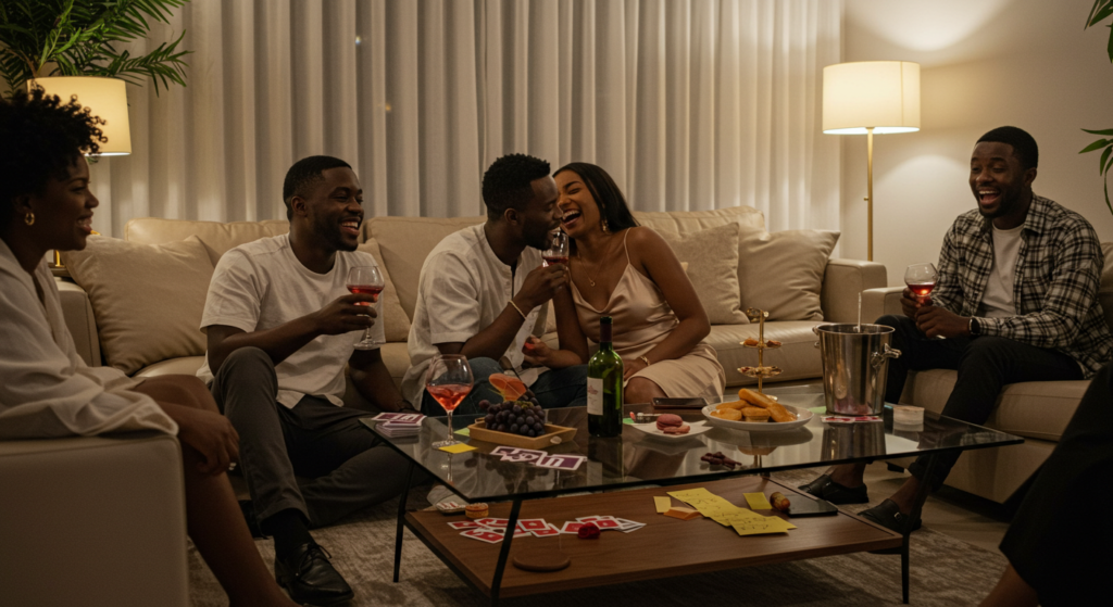 A group laughing after finding fun games to play when hosting an event