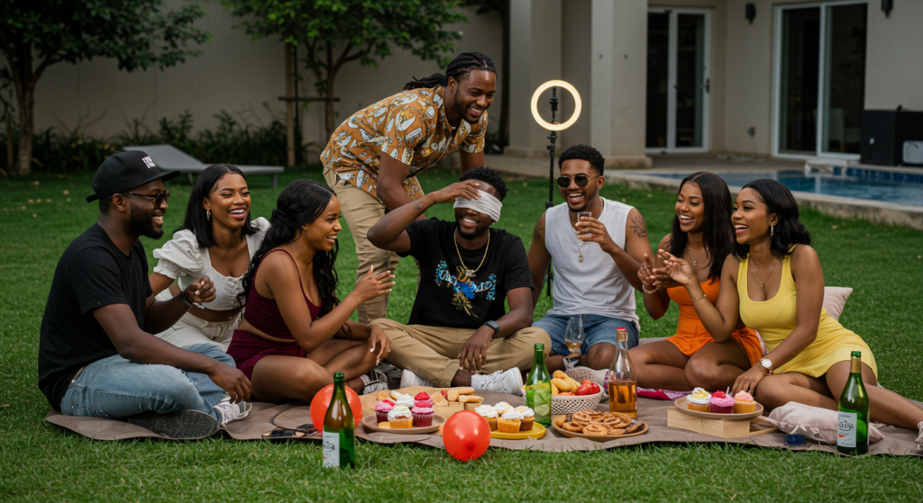 A group  on a picnic with trying fun games to play when hosting an event