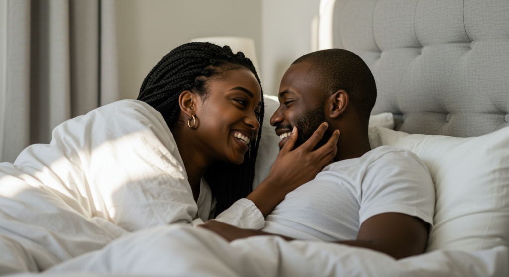 A man smiling at his woman who knows how to have sex