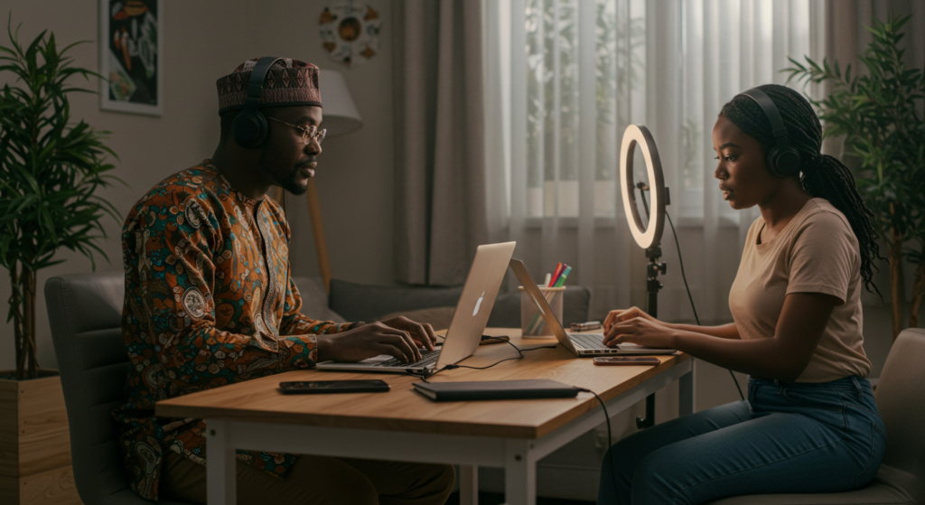 A Nigerian man and woman sitting on a table on their laptops, ways to make money online
