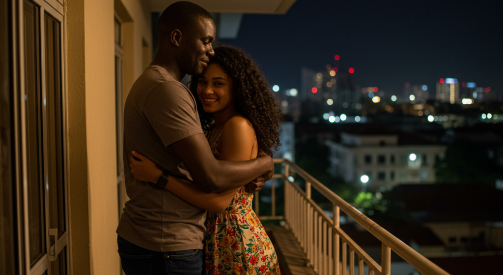 A young Nigerian woman and her lover hugging it out after she used sweet names to call your boyfriend.