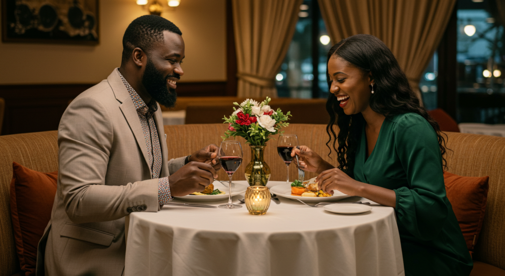 A Nigerian woman makes her man smile during a dinner date after she used sweet names to call your boyfriend.