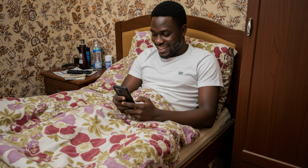 A young Nigerian man in bed as he sends a good morning message for a friend