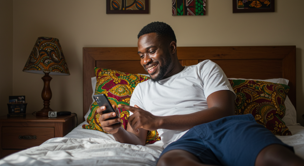A Nigerian guy smiling as he reads good morning messages for a friend on his phone