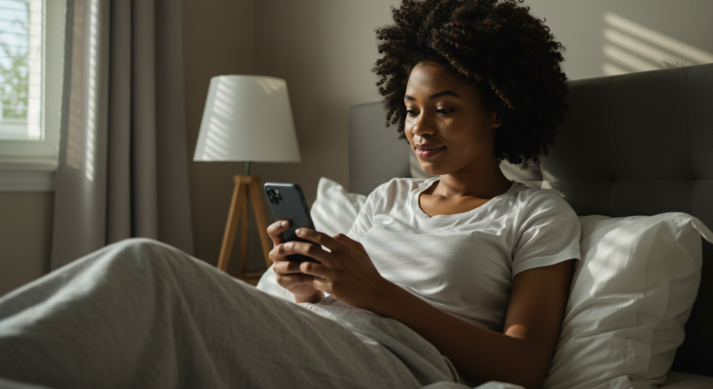 A young Nigerian lady composing good morning messages for a friend on her phone