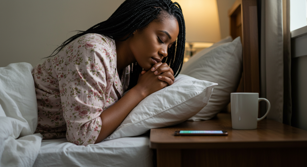 A Nigerian lady praying as she receives good morning messages for a friend on her phone