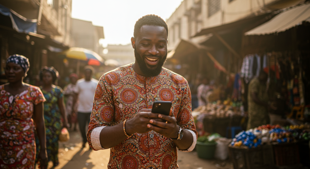 A Nigerian guy all smiles in the market after getting Deep Love Messages for Him from his lover.