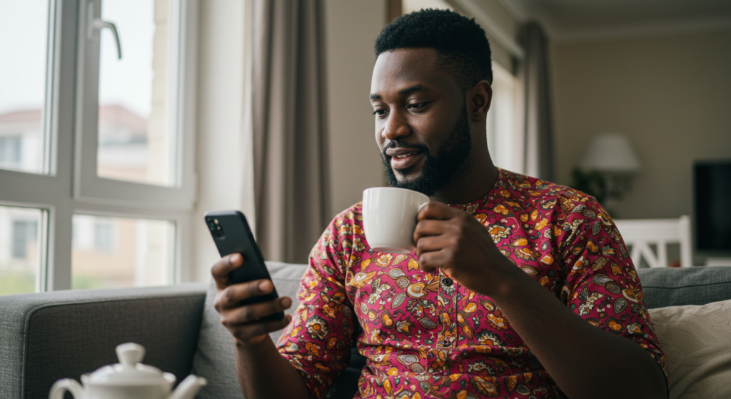 A young Nigerian guy smiling after getting Deep Love Messages for Him from his woman.