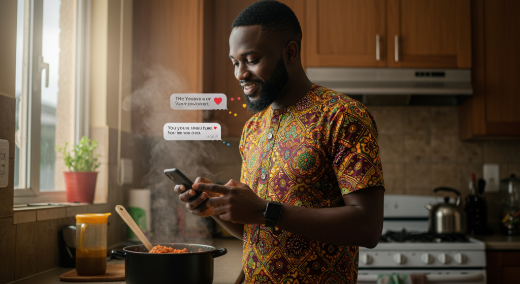 A Nigerian guy gets Deep Love Messages for Him from his lover while cooking in the kitchen.