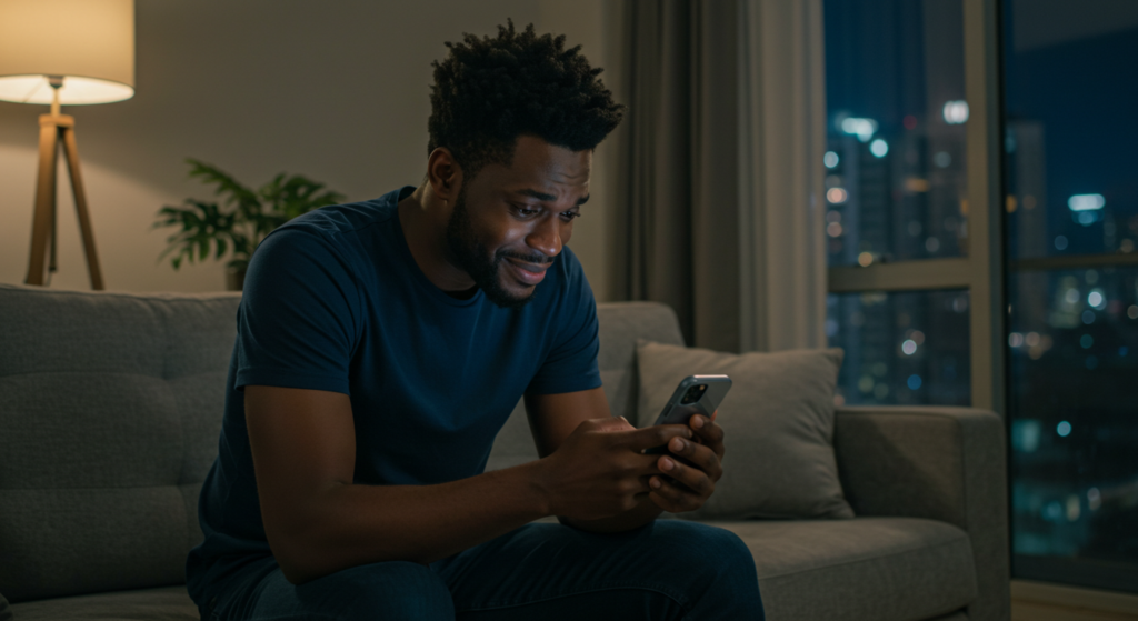A Nigerian guy looking emotional in his living room as he reads Deep Love Messages for Him