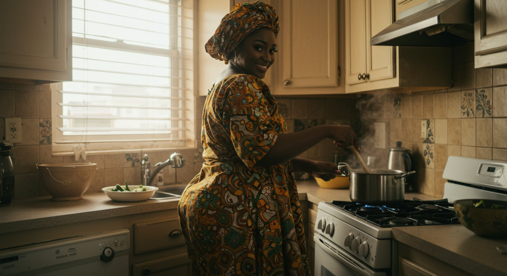 Nigerian woman cooking healthy meals for weight gain