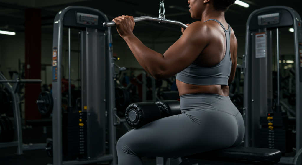 Nigerian woman working out her upper body in the gym